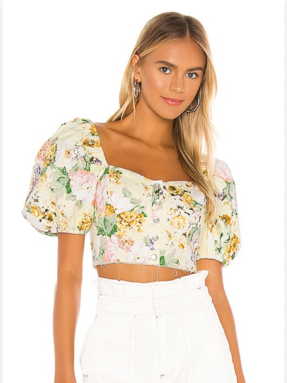 For Love And  Lemons Chamomile Denim Crop Top in Buttercream Size M Puff Sleeve